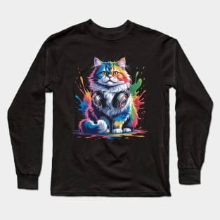 Splash Art Headphones British Longhair Cat Highland Straight Long Sleeve T-Shirt